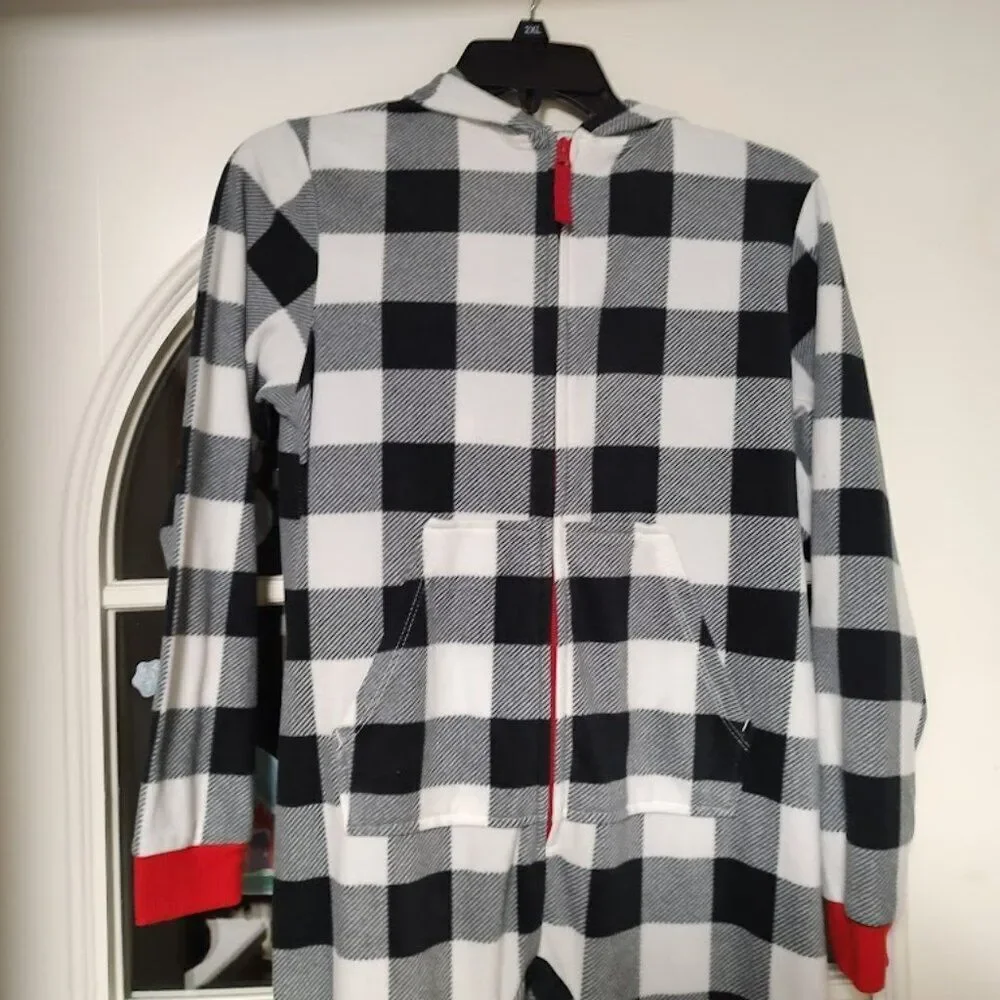 New Cat & Jack Black White Checked Hooded Sleeper Unisex Kids 10/12